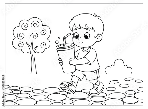 Smoothie coloring page of a happy young boy walking along a garden path