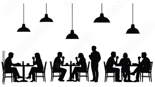People dining at a table with hanging lights a dark silhouette