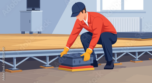 Man Installing Flooring in Industrial Setting.