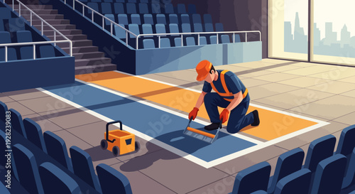 Worker Painting Lines on Stadium Floor.