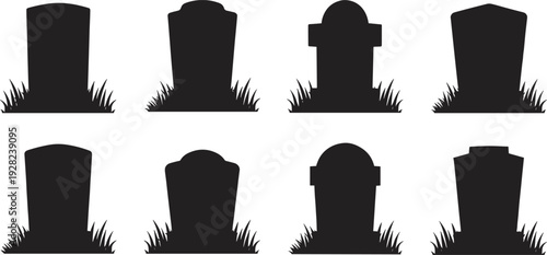 Set of black tombstone silhouettes with grass, spooky graveyard headstone collection isolated on white background vector