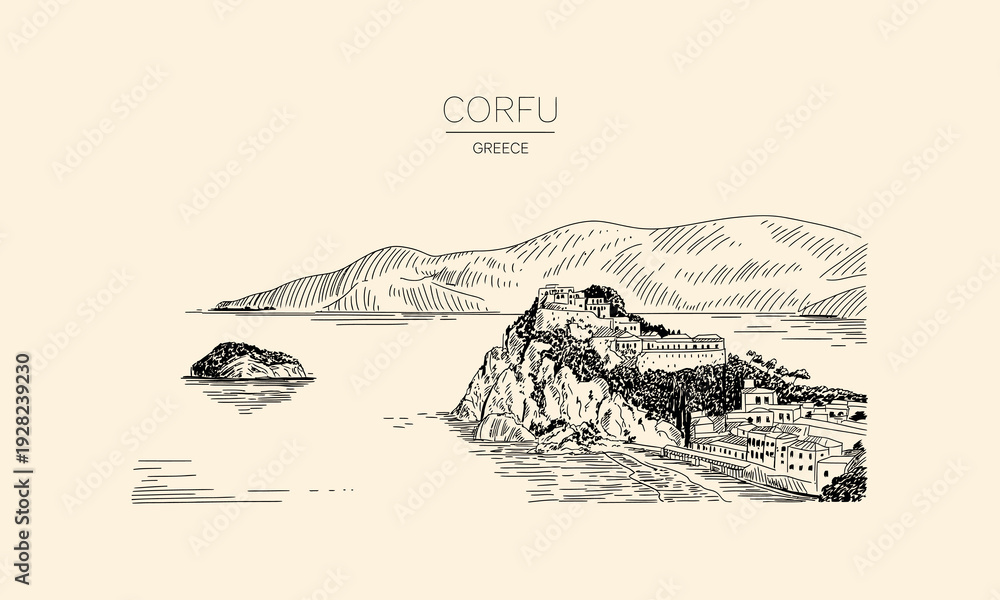 Naklejka premium Corfu Greece coastal town and fortress on a cliff sketch castle