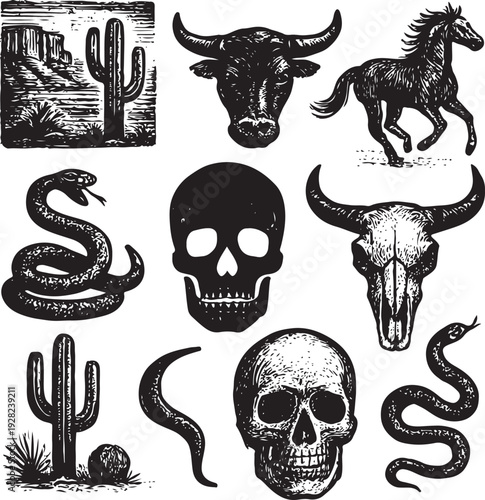 Linocut western boho set vector