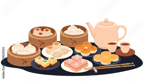 Traditional Chinese dim sum breakfast spread includes various dumplings, buns, pastries, and a pot of hot tea on a dark table.