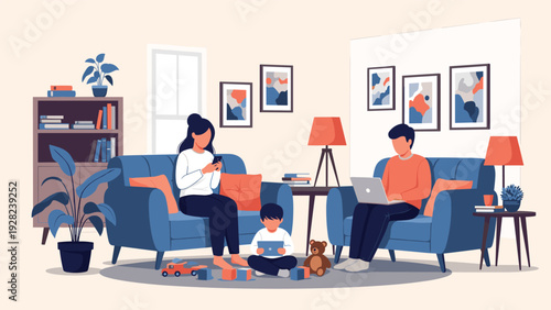Family members relax in their contemporary living room while independently using their tablets, laptops, and mobile phones.