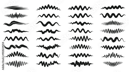 Extensive collection of various hand drawn black brush strokes, wavy lines, and jagged patterns for graphic design projects.