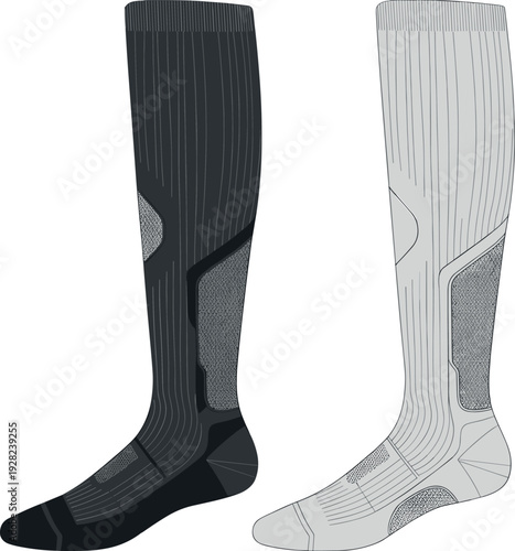 Art Professional Compression Athletic Socks Template Set Featuring Black and White Performance Over-the-Calf Sportswear Illustrations for Football Soccer and Outdoor Training Gear Design& Illustration