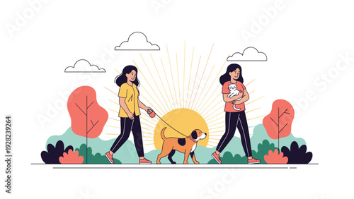 Two female friends enjoy a walk in the park during sunset while one leads a dog on a leash and the other carries a cat.
