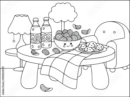Snacks coloring page with chips and cookies on a table in a cozy room