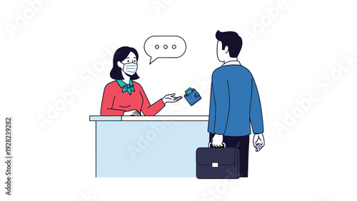 Female receptionist wearing a protective face mask assists a male customer at a service counter during a financial transaction.