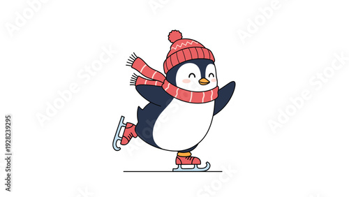 Adorable cartoon penguin wearing a warm red hat and scarf enjoys ice skating on a frozen pond during a winter day.