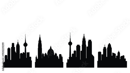 A dark cityscape featuring prominent towers and buildings silhouette