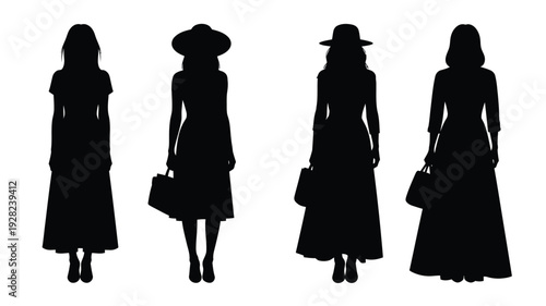 Four women in vintage dresses pose a striking black silhouette