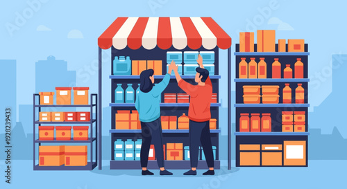 Two Men Restocking Beverage Kiosk Shelves.