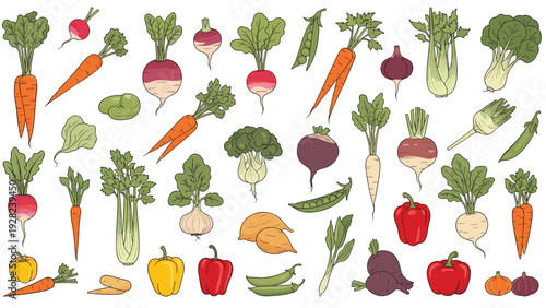 Colorful arrangement of various fresh garden vegetables including carrots, bell peppers, radishes, peas, and leafy greens.