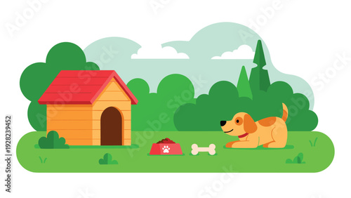 Happy brown and white dog lies comfortably in its yard next to a wooden doghouse, a full food bowl, and a bone treat.