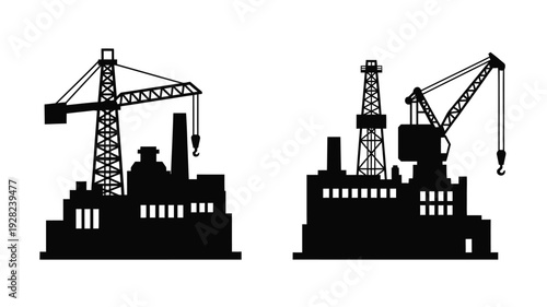Industrial landscape with cranes and factory buildings silhouette