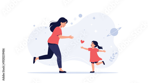 Energetic young girl runs with open arms toward her mother for a warm hug against a soft abstract background with planets.