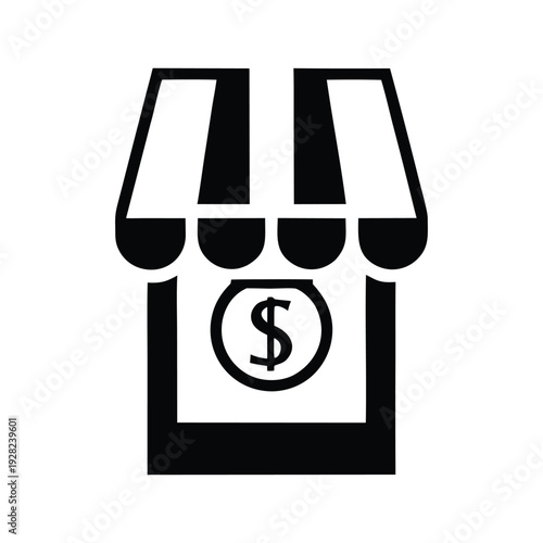 Black and white storefront illustration with dollar sign representing retail business, sales, and commercial finance concept