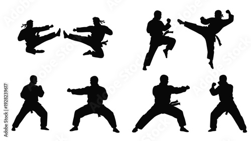 Martial artists demonstrate dynamic poses in black silhouette