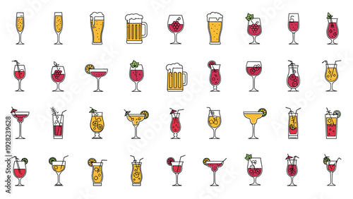 Comprehensive set of various alcoholic beverage glasses including beer mugs, cocktail glasses, wine goblets, and champagne flutes.