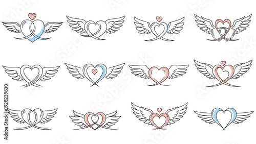 Diverse collection of winged heart symbols in various artistic styles representing love, freedom, and emotional spiritual connection.