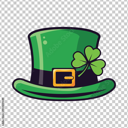 Green leprechaun hat with a black band and gold buckle adorned with a clover shamrock, perfect for St. Patrick's Day