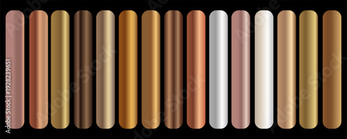 Metallic gold, bronze, silver gradient vector colorful palette and texture set. Holographic background swatch template for banner, screen, mobile,  label, tag. Metal color gradient vector design