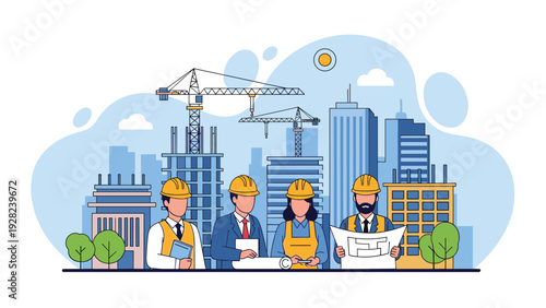 Professional team of engineers and construction workers standing in front of a busy city skyline with cranes and buildings under development.