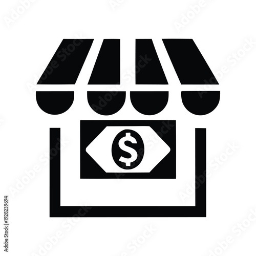 Minimalist storefront icon with dollar symbol representing small business revenue, digital retail, and financial growth concept