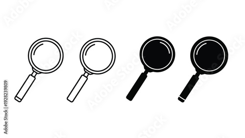 Four magnifying glasses in varying styles a stark black silhouette