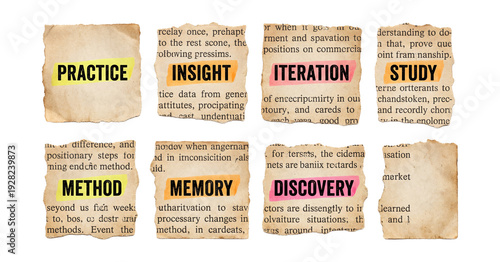 Vintage book snippet neon highlight illustrations set.