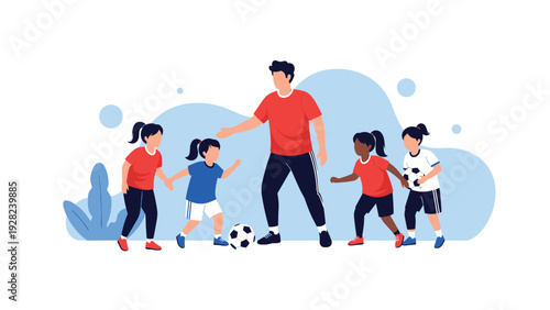 Male soccer coach training a group of enthusiastic young girls on a blue background with a soccer ball and abstract shapes.