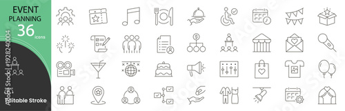 Event planning icon set. Organization and management related line icons. calendar, checklist, venue, invitation, schedule, decoration, catering, coordination, timeline, task and more. Editable stroke.