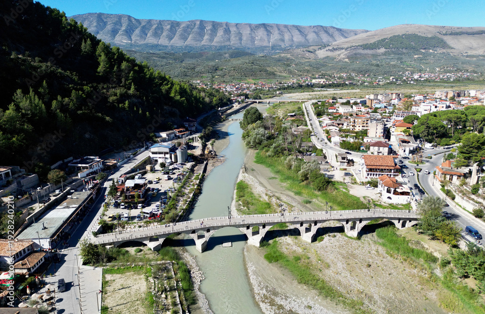 Fototapeta premium The historic Gorica Bridge in Berat, Albania, was built during the Ottoman period.
