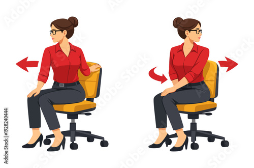 Seated spinal twist stretch infographic for office workers, female character in professional attire, flat design.