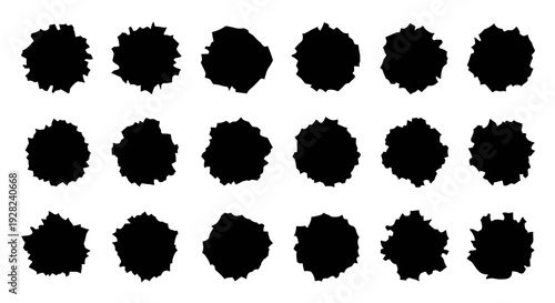 A collection of 20 black inkblots on a white background