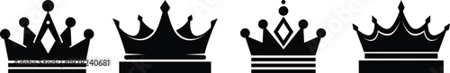 Four black crown silhouettes with varying designs on a white background