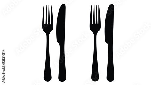 Simple arrangement of forks and knives presented in black silhouette
