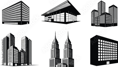 Modern office buildings silhouette vector illustration set, urban skyscraper and commercial architecture collection, black and white city business district icons isolated