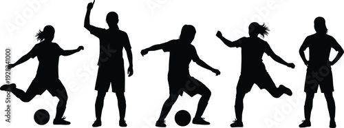 Soccer player silhouettes set in action poses dribbling, kicking and celebrating isolated on white background vector illustration