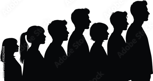 Side view human growth stages silhouettes from child to adult showing aging and life progression concept vector illustration