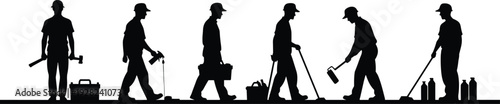 Professional painter workers silhouette collection, construction and maintenance crew with tools isolated on white background for industrial labor and 