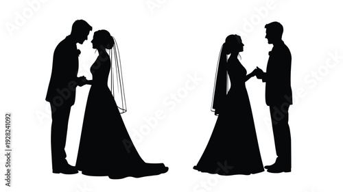 A newlywed couple in formal attire facing each other black silhouette