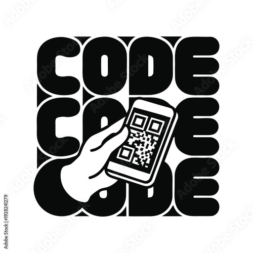 Hand holding smartphone scanning QR code with text background representing digital access, authentication, and contactless technology