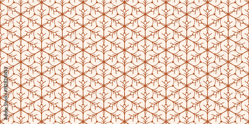 Terracotta seamless pattern with abstract floral shell ornament, minimalist art deco style.