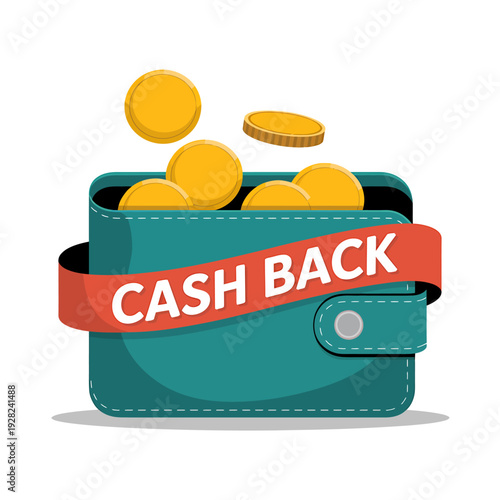 Teal wallet with coins and cash back banner on white background