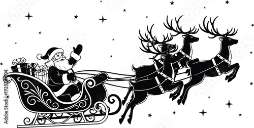 Santa Claus sleigh and reindeer silhouette vector illustration, Christmas holiday night scene with stars and gifts, festive black and white seasonal design