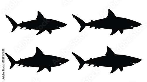 Four black shark shapes against a white background silhouette