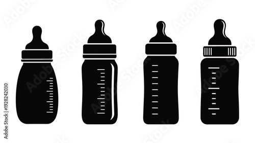 Four baby bottles displayed in a black graphic silhouette
